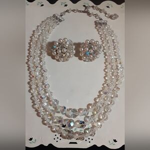 c1930-40 AB Crystal 3 Strand Choker w/ Faux Pearl & AB Crystal Cluster Earrings